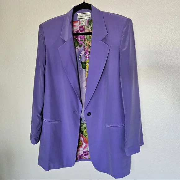DIANE GILMAN PURPLE 100% SILK ONE BUTTON BLAZER FLORAL LINED - Picture 1 of 9